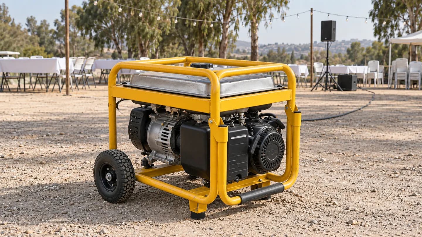 גנרטור במסגרת צהובה באזור שירות פתוח, כשברקע שולחנות, כיסאות וציוד הגברה לאירוע